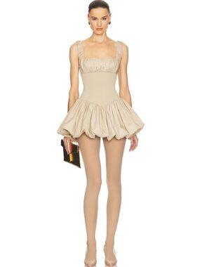 Helsa Rib Mix Poplin Bubble Hem Mini Dress Khaki, Size M Revolve